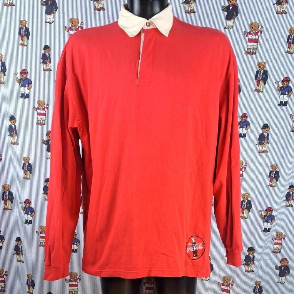 Vintage Coca-Cola stitched logo red & white polo style XL long sleeve shirt